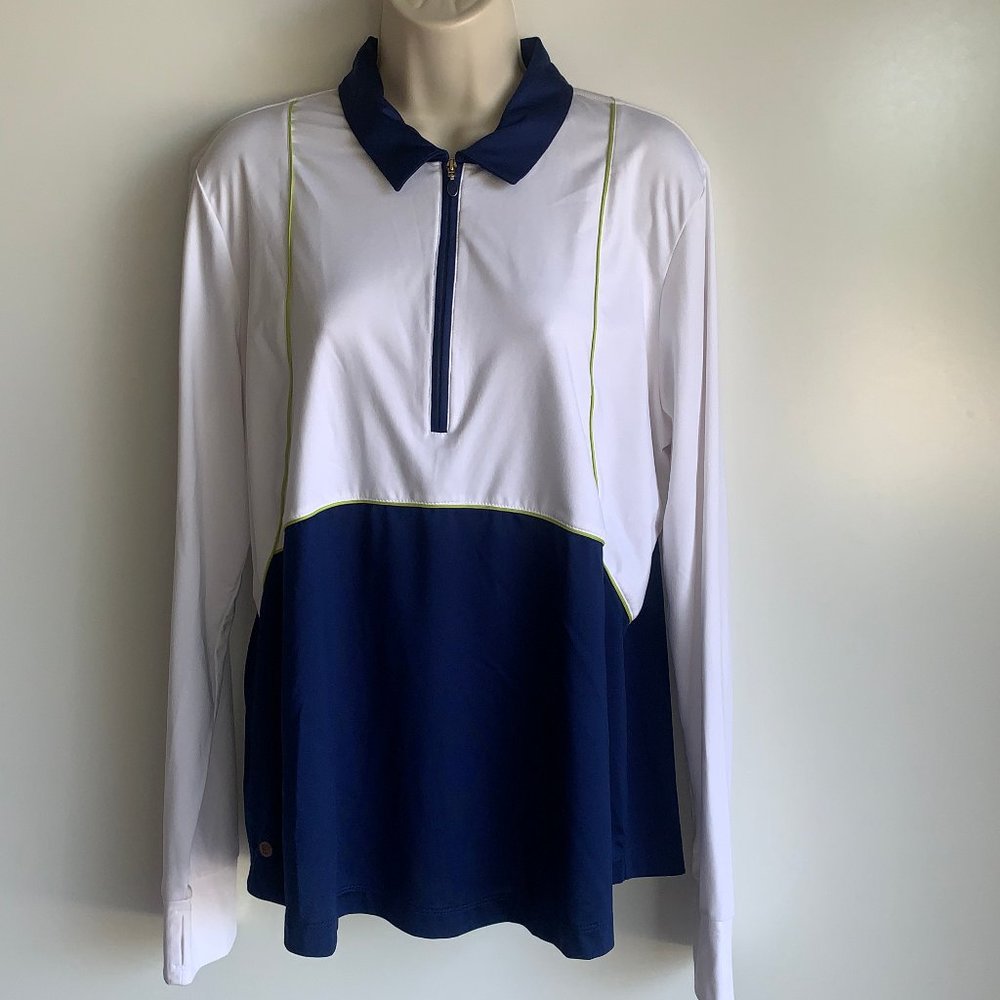 EP New York 1/2 Zip Long Sleeve Golf Polo Top Size XL White & Blue